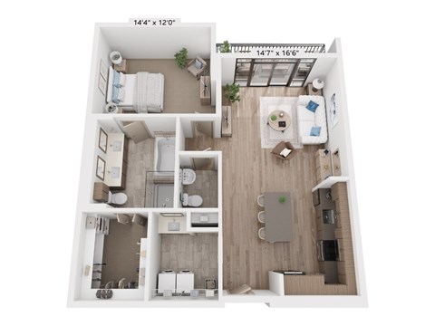 Floor plan for 1 bed, 1 bath, 1009 sqft